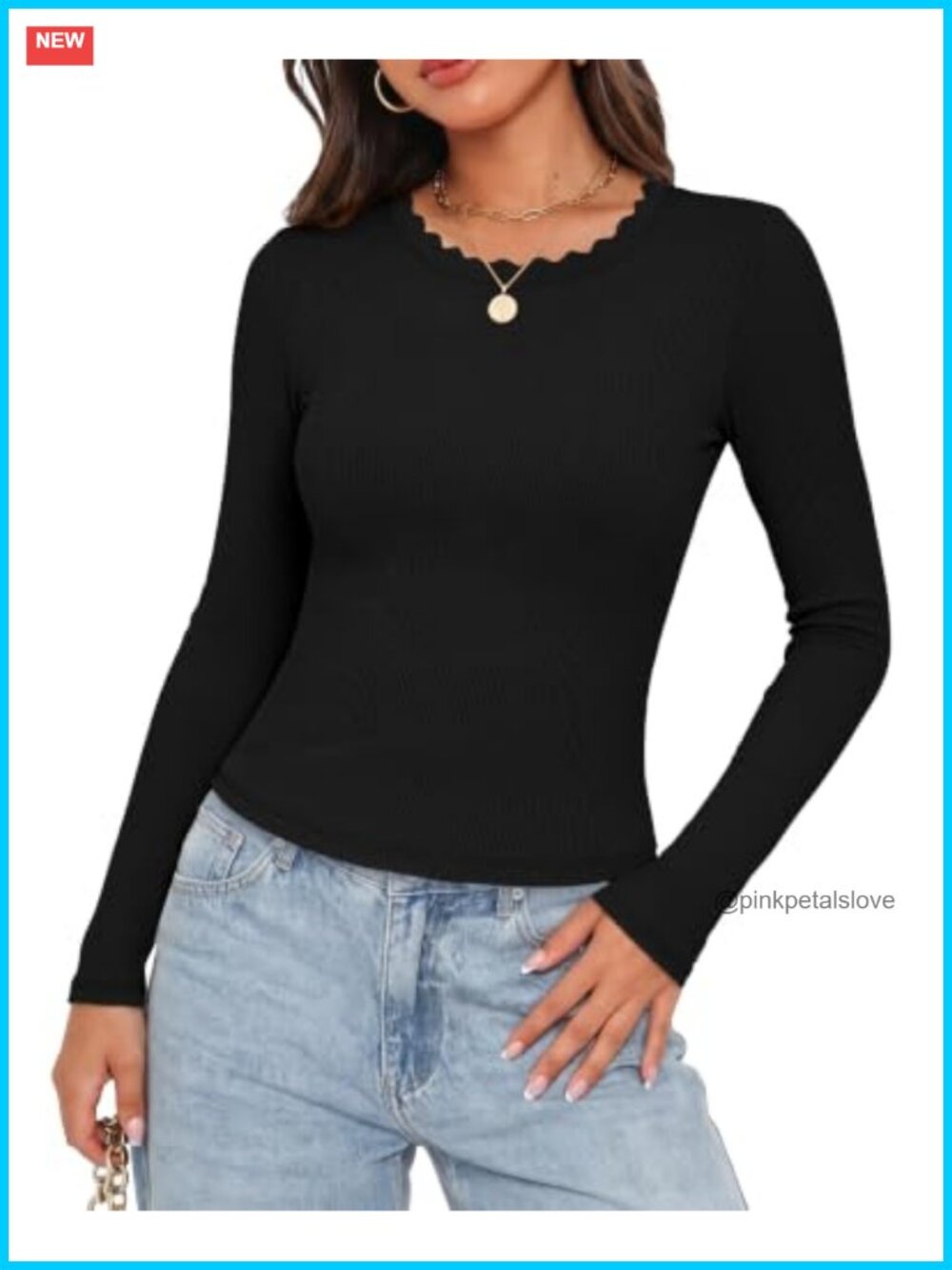 Ribbed Knit Long Sleeve Top Scalloped Crew Neck Slim Fit Casual Fall